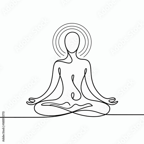 This striking illustration of a meditative figure features radiant lines and a halo effect, symbolizing enlightenment, spirituality, and the pursuit of inner balance and illumination.