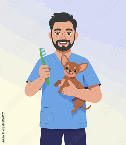 A smiling veterinarian showcases a dog alongside a toothbrush, promoting pet dental care with a colorful and appealing design that encourages pet owners to prioritize their pets' health.