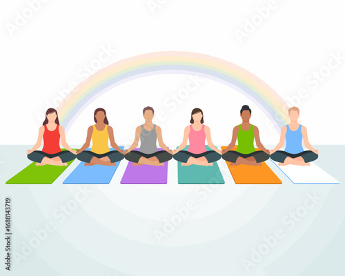 A diverse group of individuals meditating peacefully on colorful yoga mats, embodying harmony, relaxation, and mindfulness through collective practice.