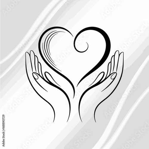 This image depicts a pair of stylized hands gently cradling a heart, symbolizing love, care, compassion, and support. An elegant and emotive design suitable for various themes.