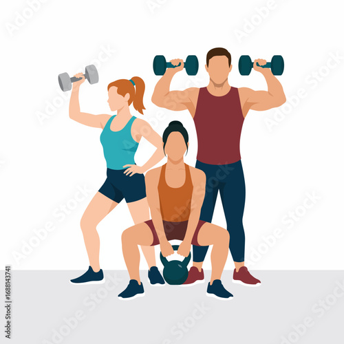 A group of three fitness enthusiasts engages in a workout session, showcasing teamwork and motivation in a gym environment, promoting a healthy lifestyle.