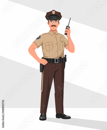 A cartoon-style police officer stands confidently with a radio, emphasizing the role of law enforcement in community safety and service, characterized by a fun, approachable design.