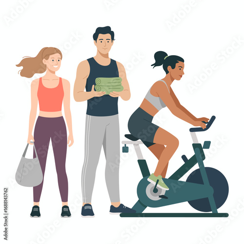 A dynamic scene depicting friends at the gym, one using a spin bike while others stand nearby with towels and bags, showcasing an active lifestyle and camaraderie.
