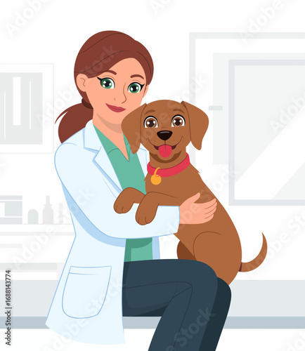 A friendly veterinarian cradles a dog in her arms, illustrating the caring relationship that exists between pets and their caregivers in a vibrant health clinic atmosphere.
