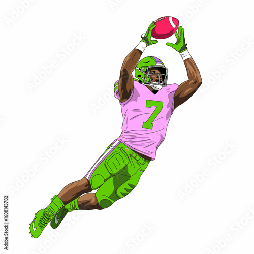A dynamic football player is leaping in mid-air, showcasing his athleticism and vibrant uniform with neon green and pink colors as he attempts to make a capture.