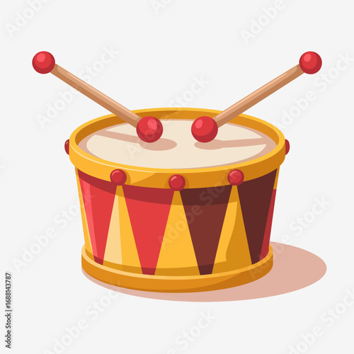 This image features a playful children's drum in yellow and red hues, with two mallets resting on top, emphasizing fun and musicality in childhood activities.