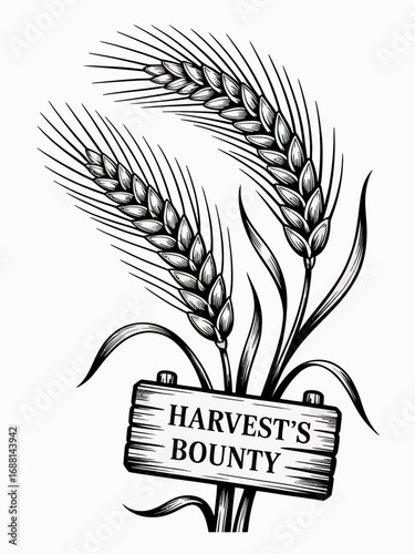 An artistic representation of wheat stalks next to a rustic sign that reads 'Harvest's Bounty', celebrating agricultural success and the beauty of nature's yield.
