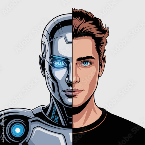 A vivid representation of a face divided between robotic and human features, symbolizing the complex relationship between humanity and technology in contemporary artwork.