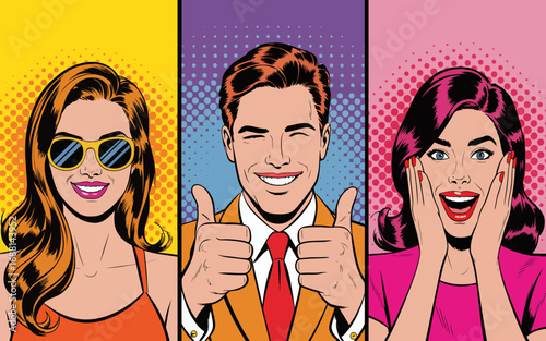 This dynamic pop art image brilliantly captures three colorful characters displaying a range of emotions, making it a vibrant conversation starter and a visual delight.