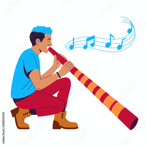 This vibrant illustration depicts a young man enthusiastically playing a didgeridoo, a traditional wind instrument, with musical notes flowing and creating a lively atmosphere.