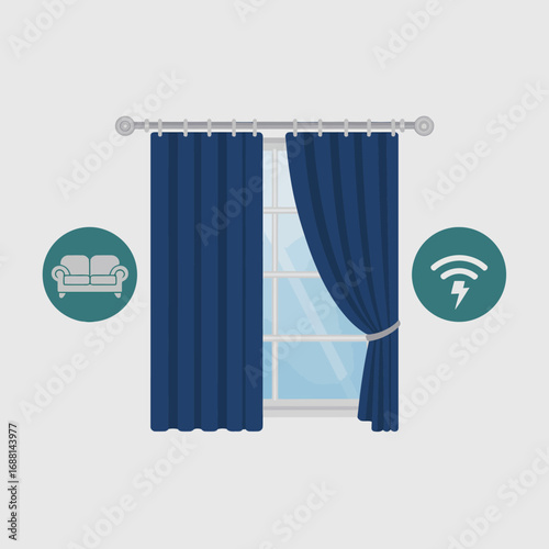 An appealing illustration of a window with contemporary blue drapes, blending modern design with comfortable ambiance, perfect for interior design visuals.