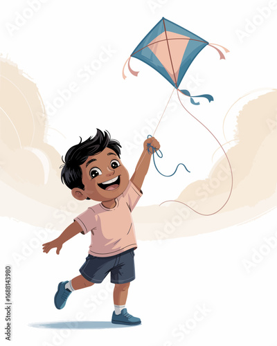 A lively illustration of a child smiling while flying a kite, symbolizing joy and freedom, capturing the essence of outdoor play and the innocence of youth.