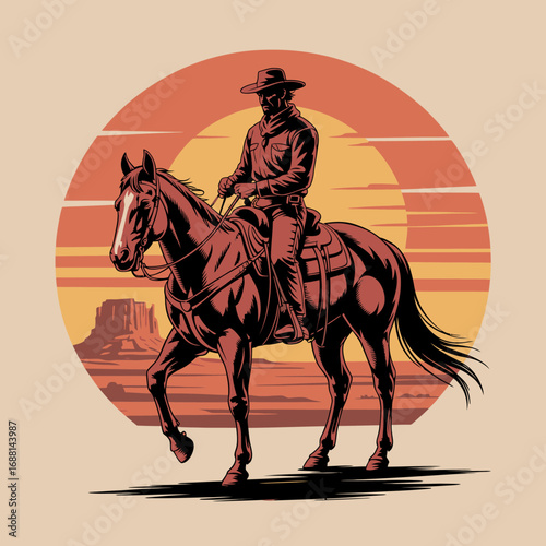 A cowboy rides his horse confidently through an expansive desert landscape, showcasing the rugged beauty and adventurous spirit of the American West.