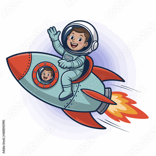 This image showcases a cheerful astronaut riding a rocket, embodying excitement, adventure, and the thrill of exploration in an imaginative outer space setting.