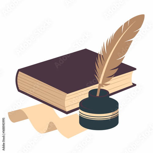 This artistic image showcases a classic book, a feather quill, and a scroll, representing the timeless tradition of written communication and the elegance of literature.