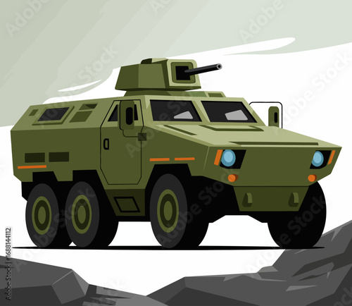A modern military vehicle stylized in green tones featuring bold outlines and a turret, perfect for showcasing concepts of security, defense, and technology.