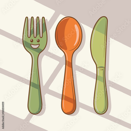 Showcasing a cheerful green fork and orange spoon with a knife, this image highlights playful kitchen utensils with a touch of shadow and light for added depth.