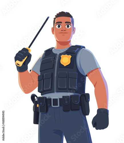 This energetic cartoon illustration of a policeman holding a nightstick portrays a sense of authority and readiness, conveying themes of law enforcement and community safety in a vibrant style.