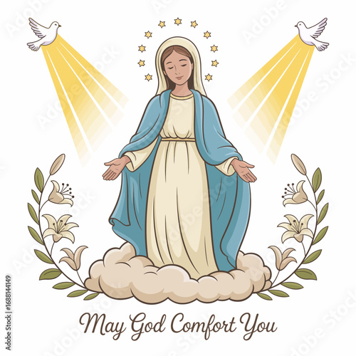 An uplifting representation of a religious figure extending warmth, designed to evoke emotions of comfort and support during challenging times, bathed in gentle rays of light.