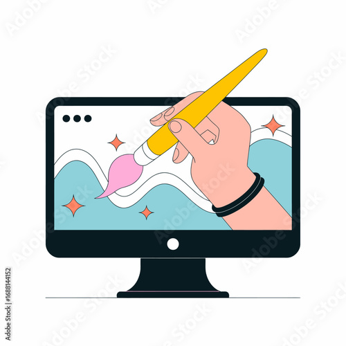 This captivating image features a hand holding a paintbrush above a screen, illustrating the fusion of technology and creativity in the digital art world.