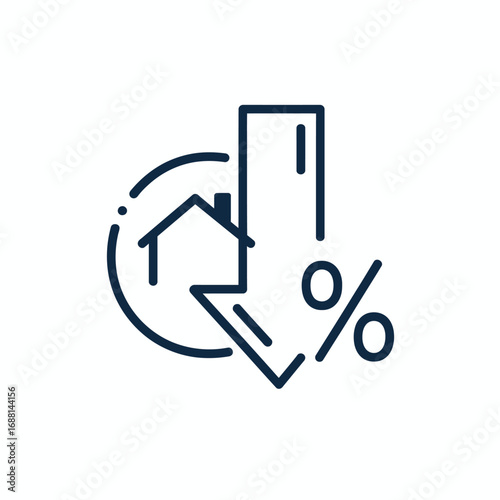 The image depicts a graphic representation of declining real estate market rates, incorporating a house and a downward arrow indicating reduced values in the market.