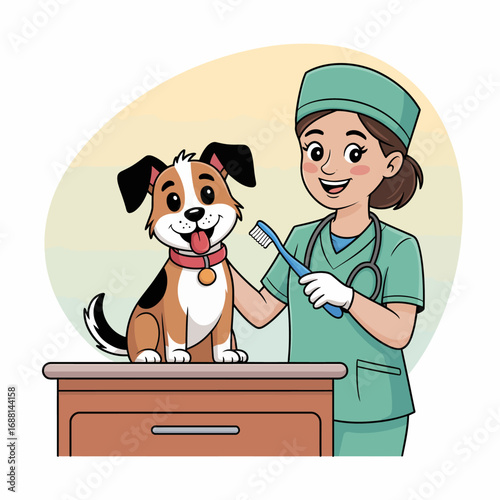 A cheerful veterinarian assists a happy dog with dental care in a bright veterinary clinic, emphasizing the importance of pet health and well-being in a friendly environment.