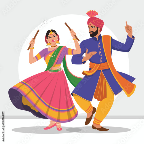 This vibrant image captures a traditional dance performance featuring a couple elegantly dressed in colorful outfits with dandiya sticks, celebrating culture and joy.