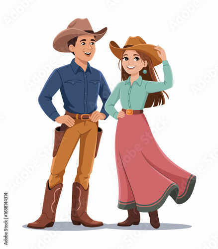 A fashionable cowboy and cowgirl share a cheerful moment, celebrating their unique outfits and embodying the spirit of the American West with charm and positivity.