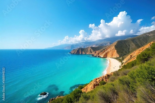 Azure sky stretches over a picturesque Riviera coastline, sun-drenched hillsides and calm turquoise sea creating a breathtaking panorama of idyllic coastal beauty ,  relaxation,  vibrant