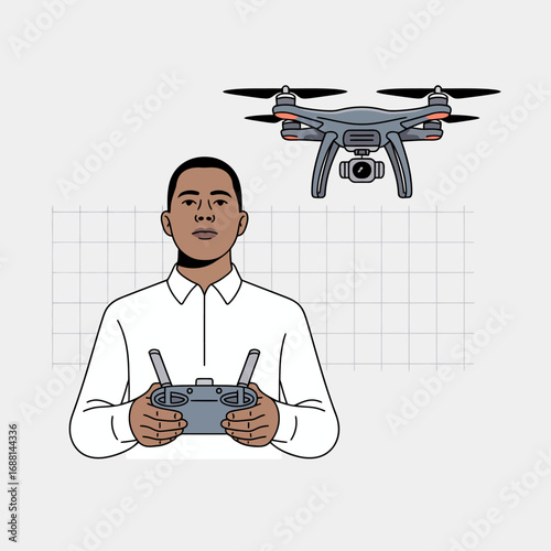 This image illustrates a drone controller immersed in a dynamic aerial perspective. The depiction showcases human interaction with advanced drone technology.