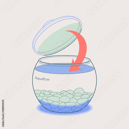 A visually appealing fish bowl filled with textured pebbles and water, showcasing an innovative Aquaflow concept for modern decor and aquatic designs.