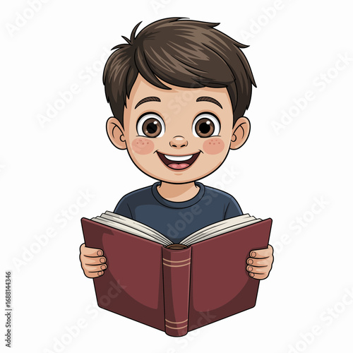 A happy child is engaged in reading a storybook with an enthusiastic expression, highlighting the joy and creativity that comes from storytelling and literature.
