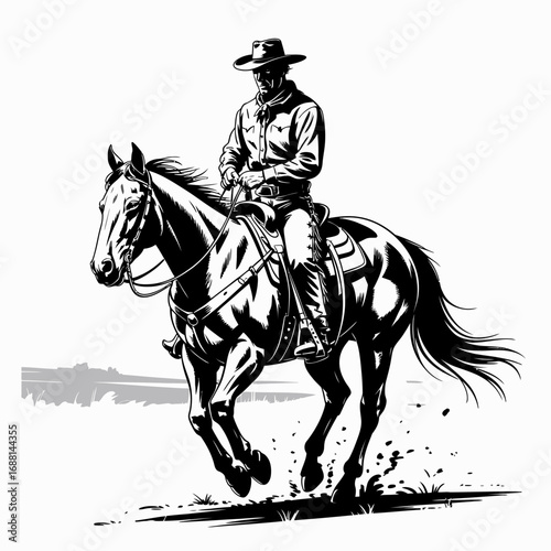 A striking black and white illustration of a cowboy on horseback, emphasizing the strength and character of the rider amidst a dramatic landscape.