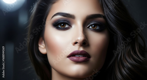 A glamorous woman with dark wavy hair gazes intently, wearing dramatic smoky eye makeup and dark lipstick.