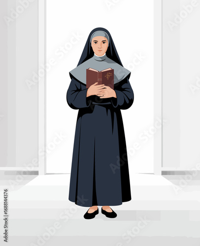 This image showcases a nun in a traditional outfit, holding a book with a serene expression, set against a minimalist background that evokes tranquility and faith.