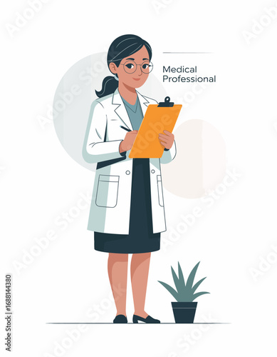 A focused female medical professional observes patient records, representing diligence and commitment to patient health in a contemporary healthcare environment through visual art.
