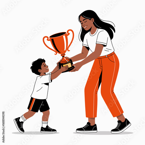 A joyful child receives a trophy from a loving parent, showcasing the importance of celebration and shared achievements within a nurturing family environment.