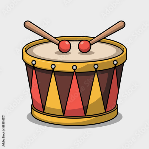 This image showcases a stylish red and yellow drum with a smooth surface and two mallets poised above, radiating a lively atmosphere full of musical potential.