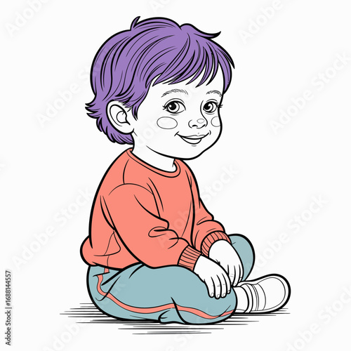A delightful illustration of a smiling child sitting contently, capturing the essence of joy and innocence with bright colors and simple design elements.