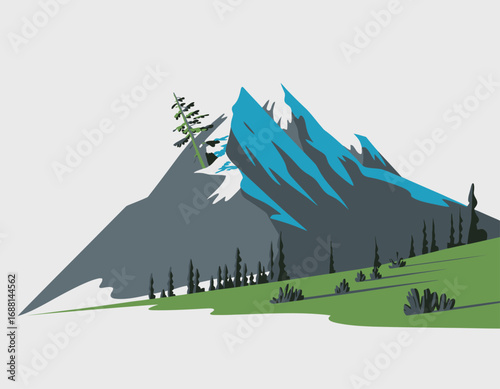 An artistic representation of a dramatic mountain range featuring unique trees, expressing the beauty and ruggedness of nature in a harmonious and inviting way.