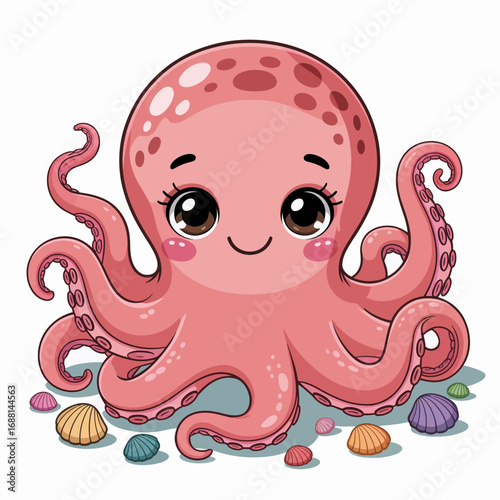This vibrant illustration depicts a charming octopus with cheerful eyes, surrounded by seashells and bubbles, capturing playful marine life suitable for children's art and decor.