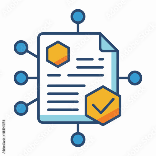 A visually appealing document illustrated with abstract network elements and a checkmark symbol, symbolizing verification and interconnected systems in a modern context.