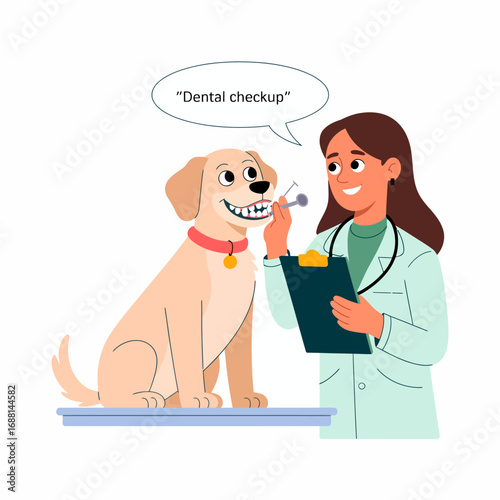 A cheerful dog undergoes a dental checkup with a caring veterinarian. The focus on oral health during pet checkups is essential for maintaining overall well-being.