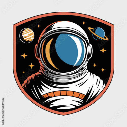 A striking astronaut badge design adorned with bold cosmic elements, highlighting exploration and adventure, inviting viewers to dream about the wonders beyond our planet.