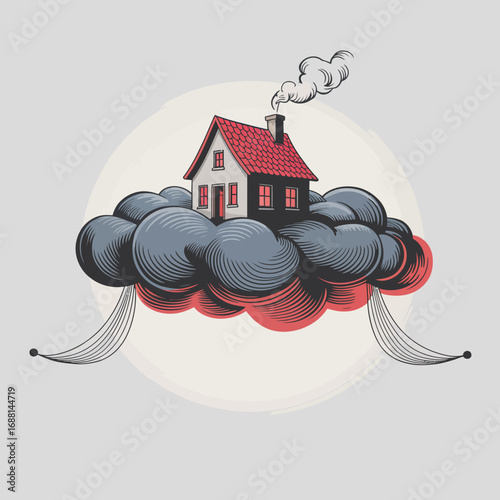 A surreal artwork of a house elevated above billowy clouds, symbolizing freedom and escape while capturing the imagination in a dreamlike artistic style.