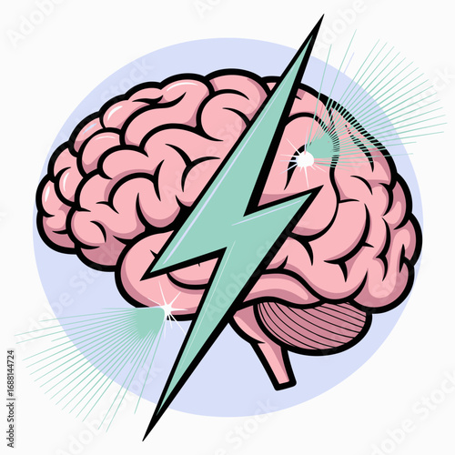 An eye-catching depiction of a brain enhanced with lightning effects, emphasizing the power of the mind and igniting ideas, creativity, and innovative thoughts.