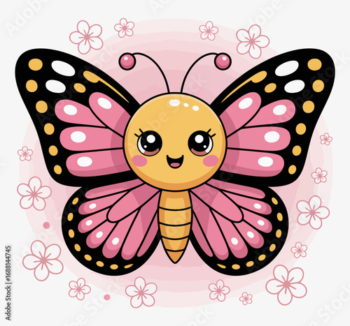 This adorable butterfly illustration, adorned with vibrant pink wings and surrounded by charming floral patterns, evokes feelings of joy and a connection to nature's beauty.