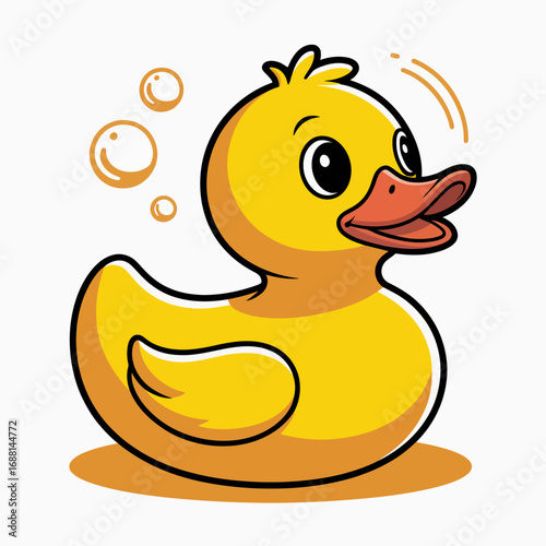 This delightful illustration presents a cheerful rubber duck surrounded by bubbles, embodying fun and happiness, perfect for evoking playful memories associated with childhood.