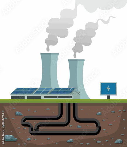 This illustration showcases a geothermal energy facility featuring solar panels. It emphasizes the importance of renewable energy sources in sustainable development and eco-friendly practices.