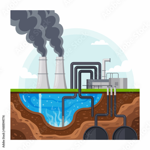This illustration depicts power production connected with a water source, representing the vital role of water in energy creation while emphasizing modern industrial techniques.